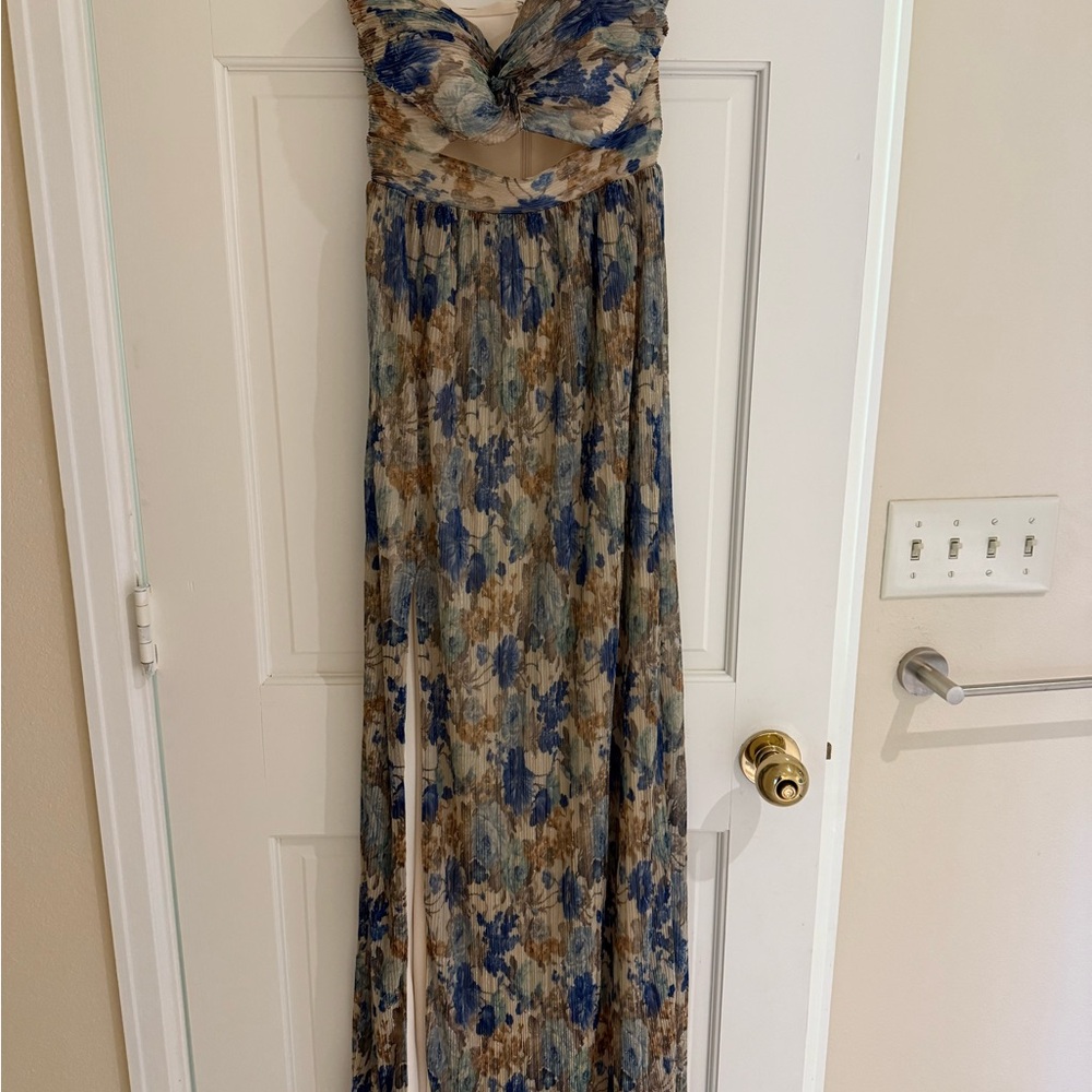 Dress the Population Blue and Tan Floral Maxi Dress